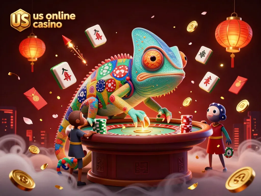 Engage in exciting gameplay at a vibrant us online casino illustrated with a colorful chameleon owner and dynamic elements.