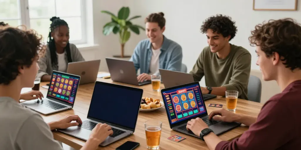 Friends enjoying online gaming on https://1da88.it.com/ with vibrant screens, snacks, and lively atmosphere.