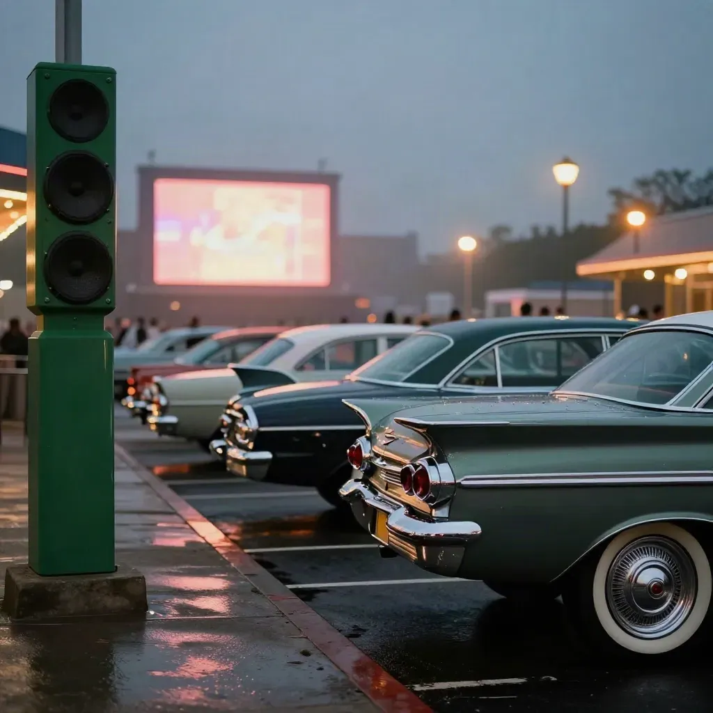 Classic tailfins at a drive-in dusk beside a glowing speaker post and distant screen.