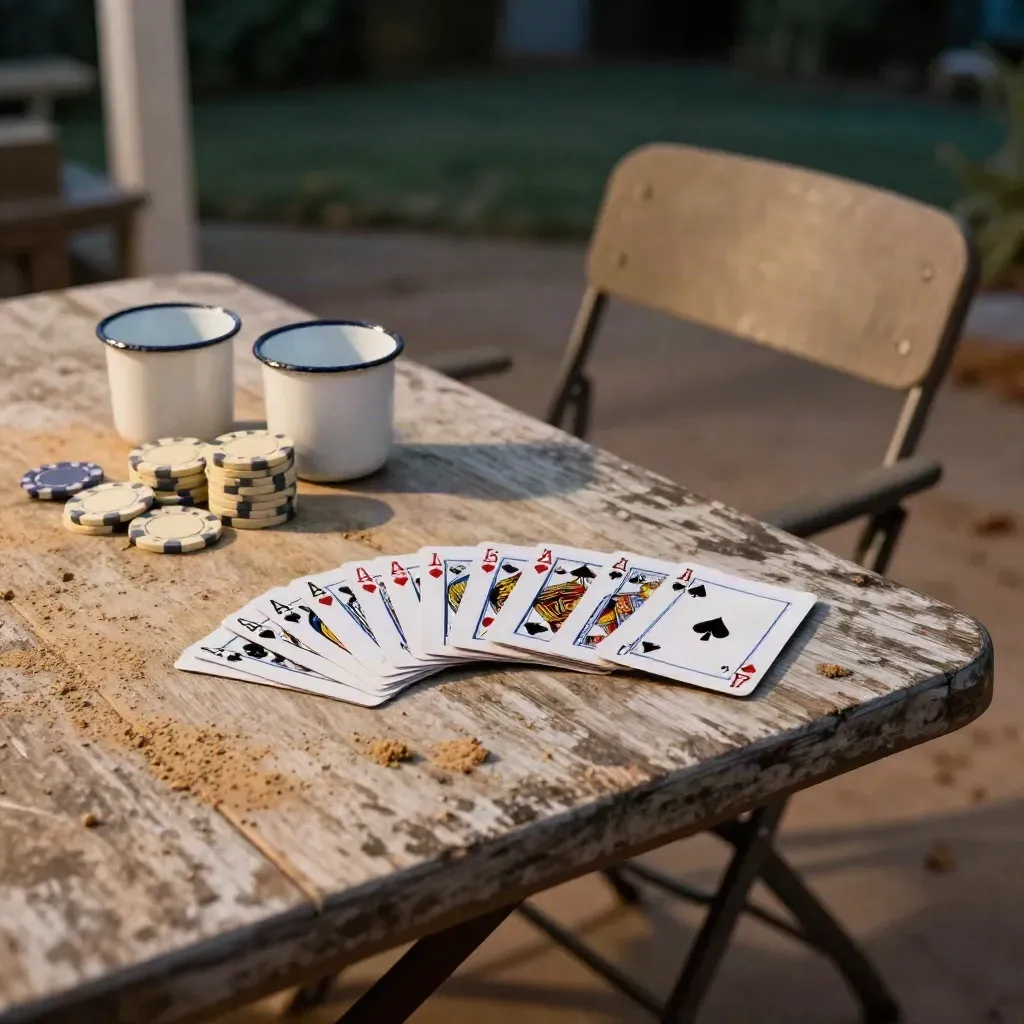 Card game aftermath on a patio table at dusk with chips, tumblers and a pushed-back chair.