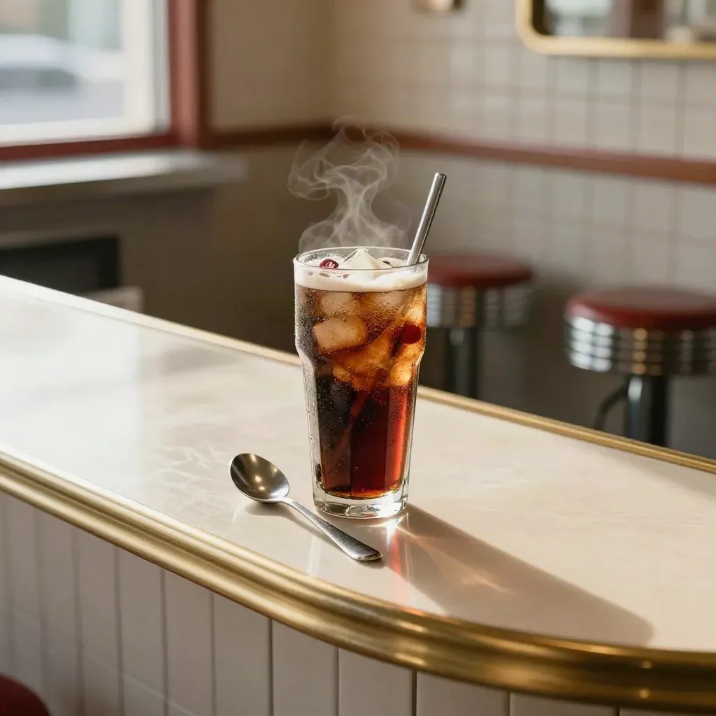 Cherry coke and milkshake on a shiny soda-shop counter with chrome reflections.