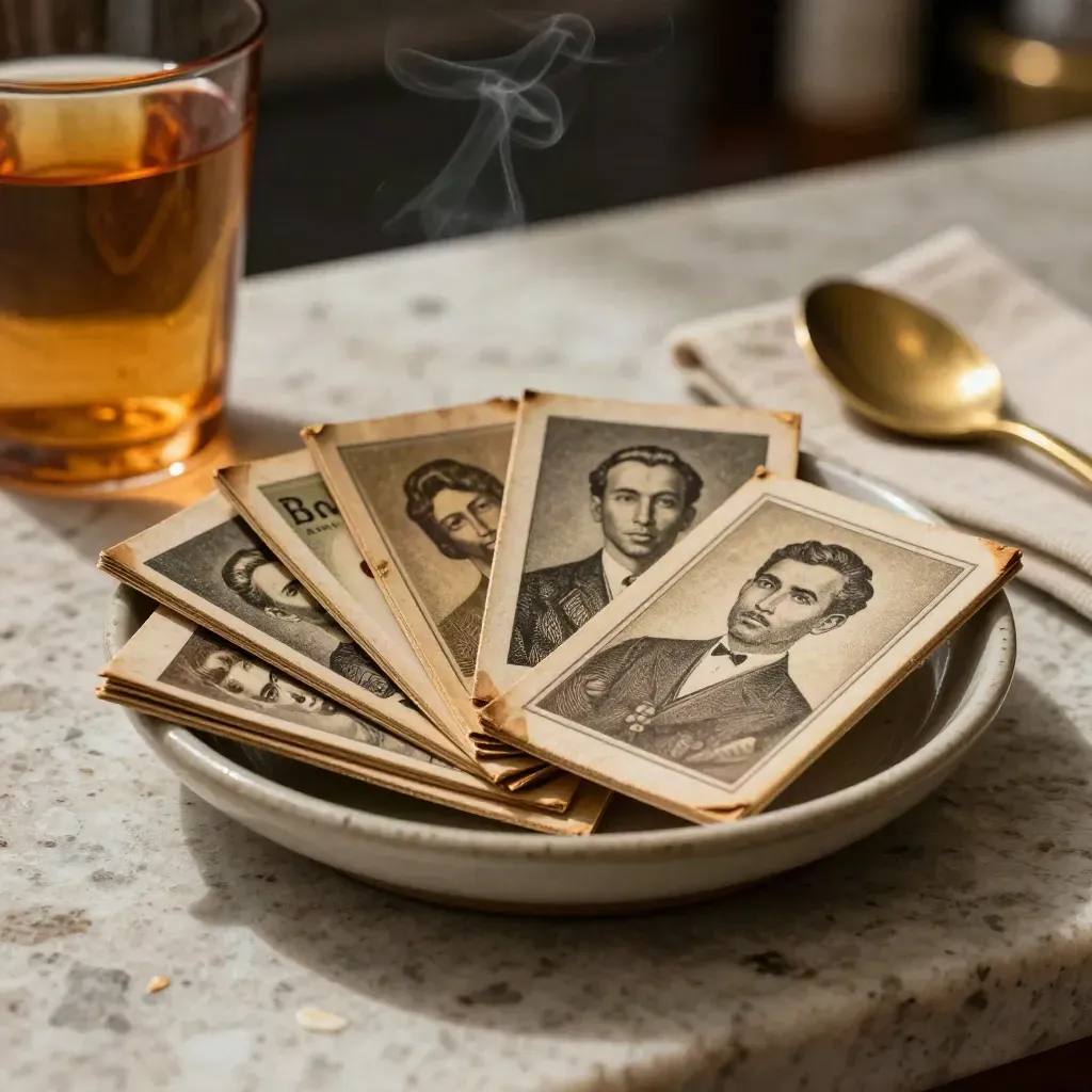 Vintage matchbooks in a ceramic dish beside amber glass and bar spoon on a travertine ledge