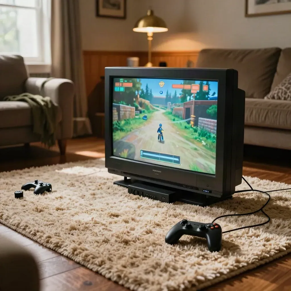 CRT TV, game console and controllers glowing in a warm family room