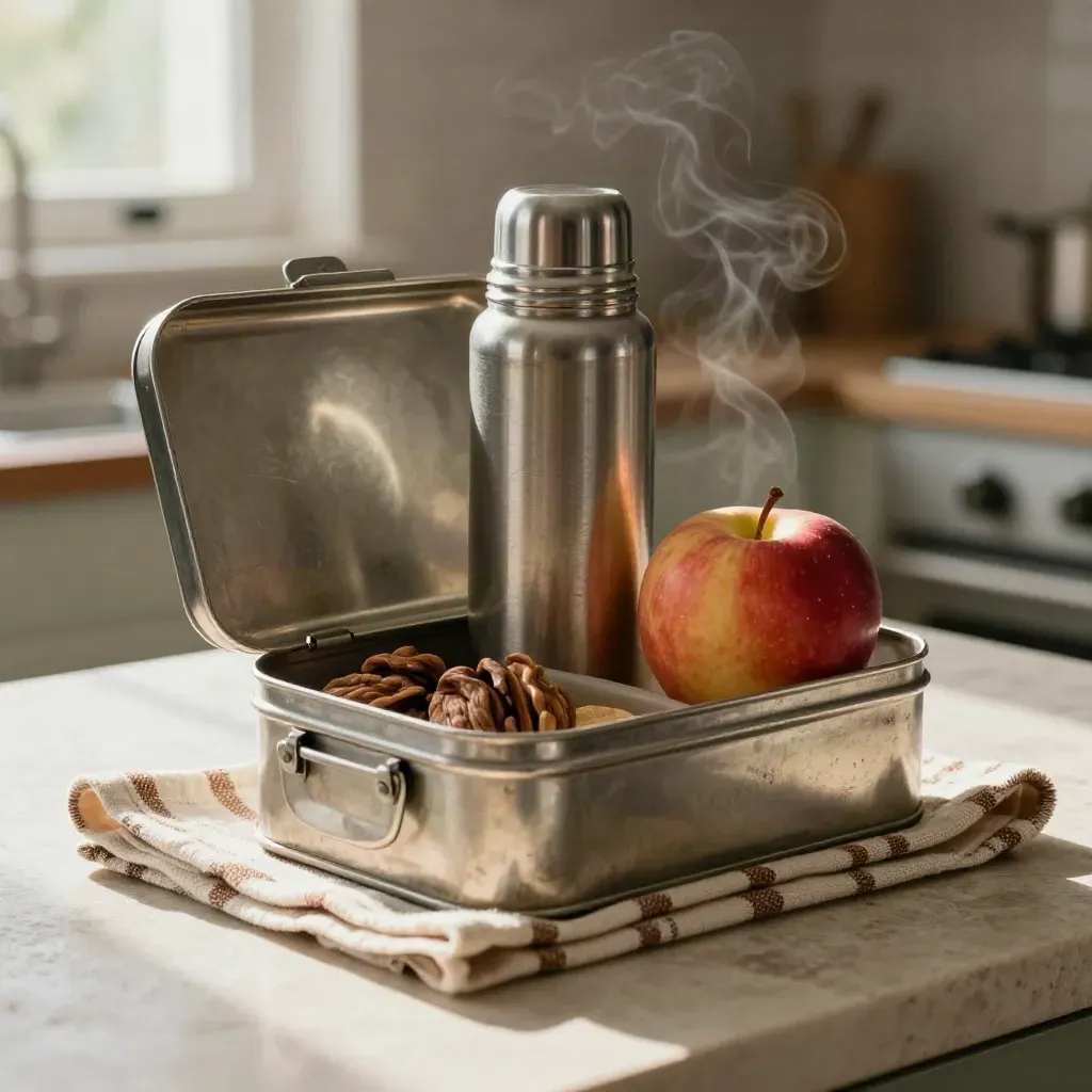 Scuffed lunchbox, thermos, apple, and checkered cloth on a pale kitchen counter in morning light.