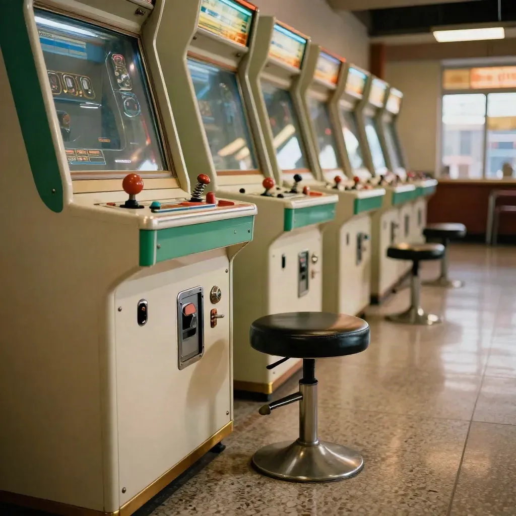 Low arcade aisle with glowing penny-arcade cabinets, tipped stool, and glossy floor reflections.