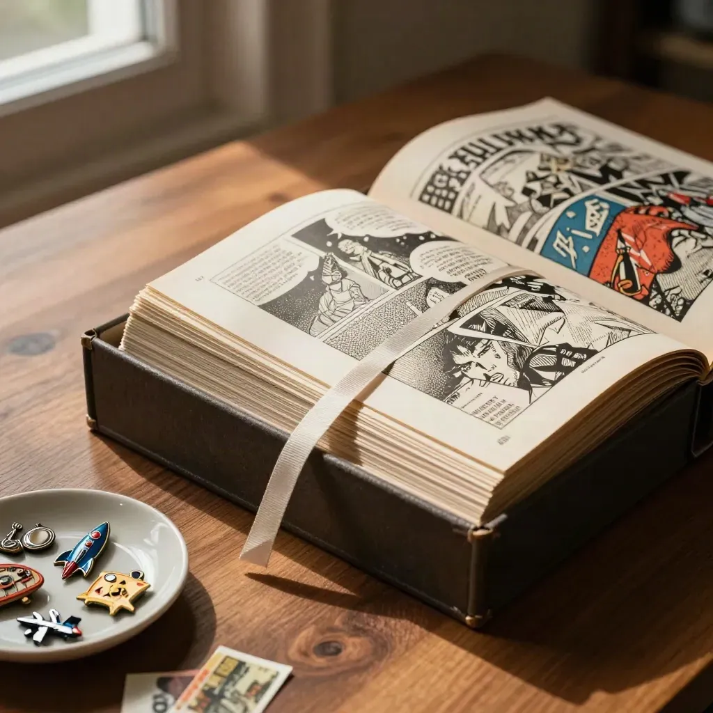 Open comic-book archive box with ad pages, bookmark, and keepsake dish on a warm table.