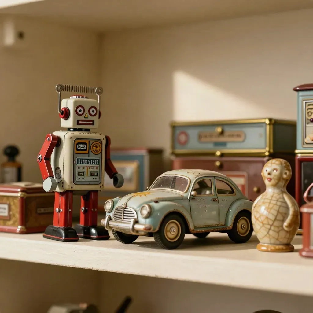 Wind-up tin toys on a plaster shelf, low-angle warm light, with a dented robot and painted car.