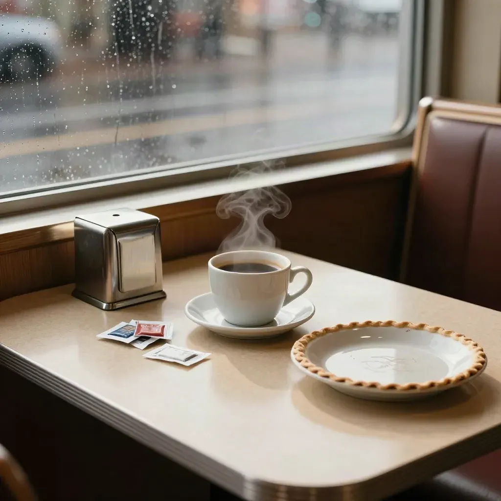 Rainy diner booth with coffee cup, sugar packets, napkin holder, and pie plate
