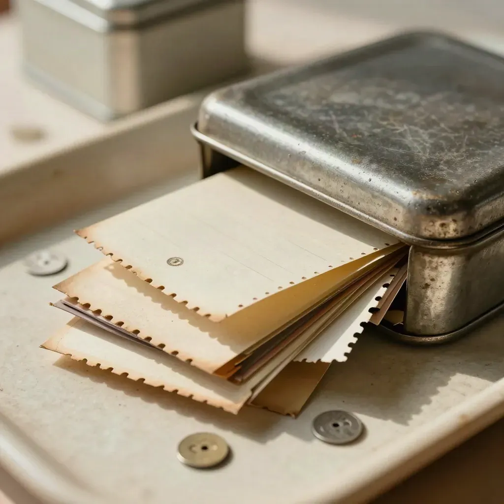 Worn metal tin with punched lunch cards, tokens, and a folded note on pale wood.