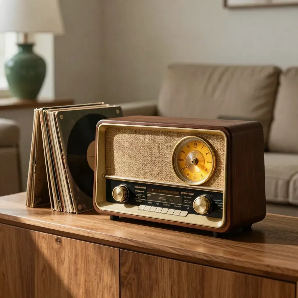 Vintage radio glowing on a sideboard beside vinyl records and an empty armchair in a warm living room.