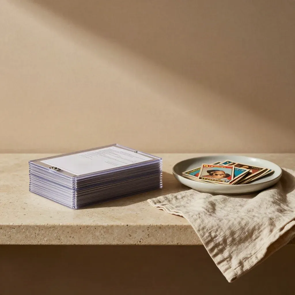 Card sleeves, face-down binder page, and ceramic tray on a limestone shelf