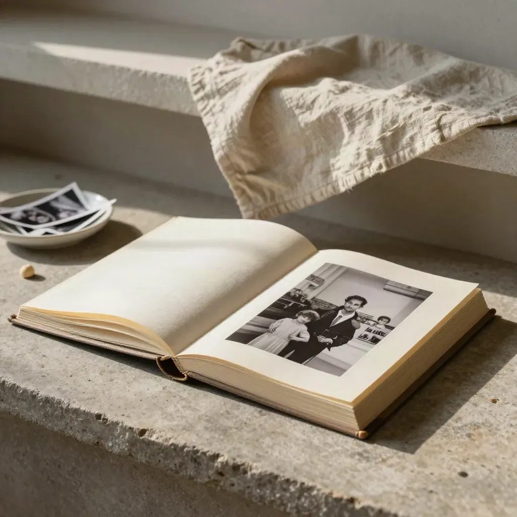 Open linen photo album with loose prints, corner mounts and a pale cloth on a plaster shelf.
