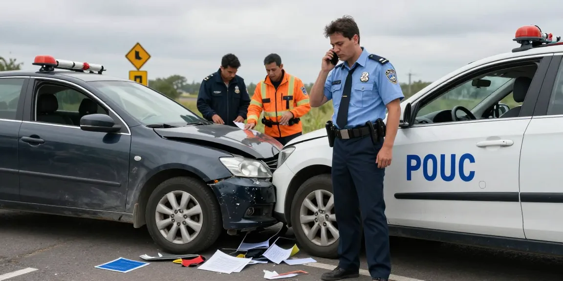 Vehicle accident report scenario showing a driver assessing damage and contacting authorities for assistance.