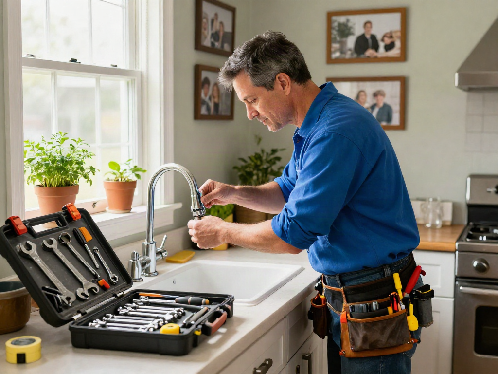 Man fixing kitchen sink during home repair services Des Moines Iowa, showcasing tools and cozy decor.