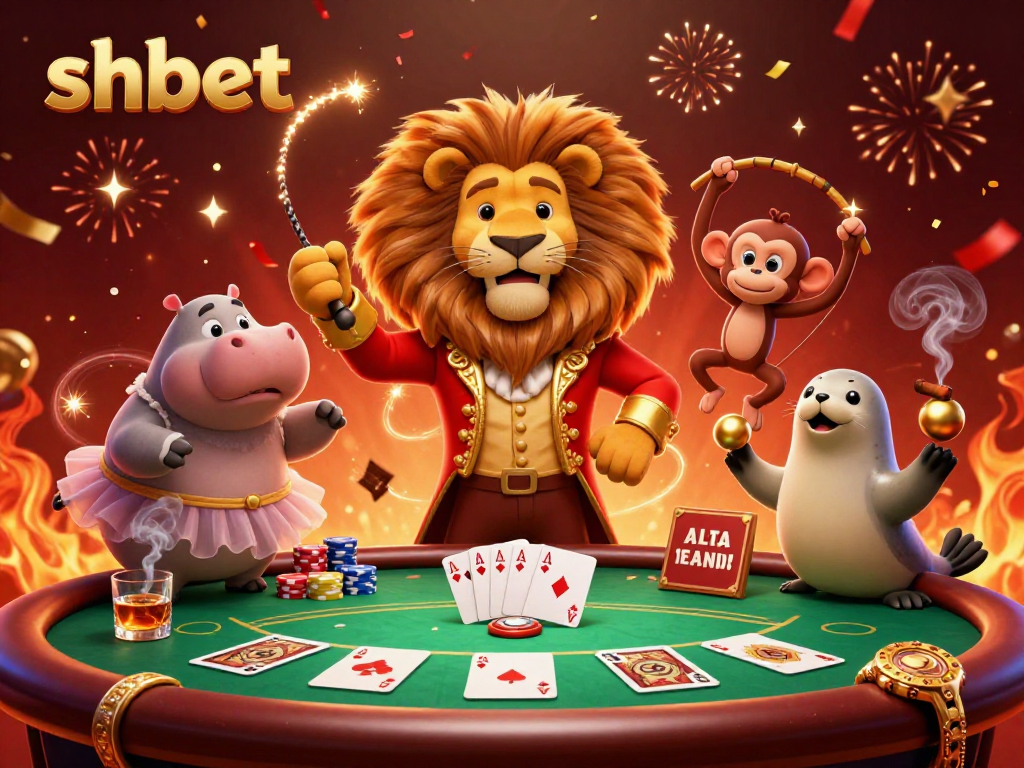 Engage with shbet's thrilling casino scene featuring a lion ringmaster, lively poker gameplay, and festive atmosphere.