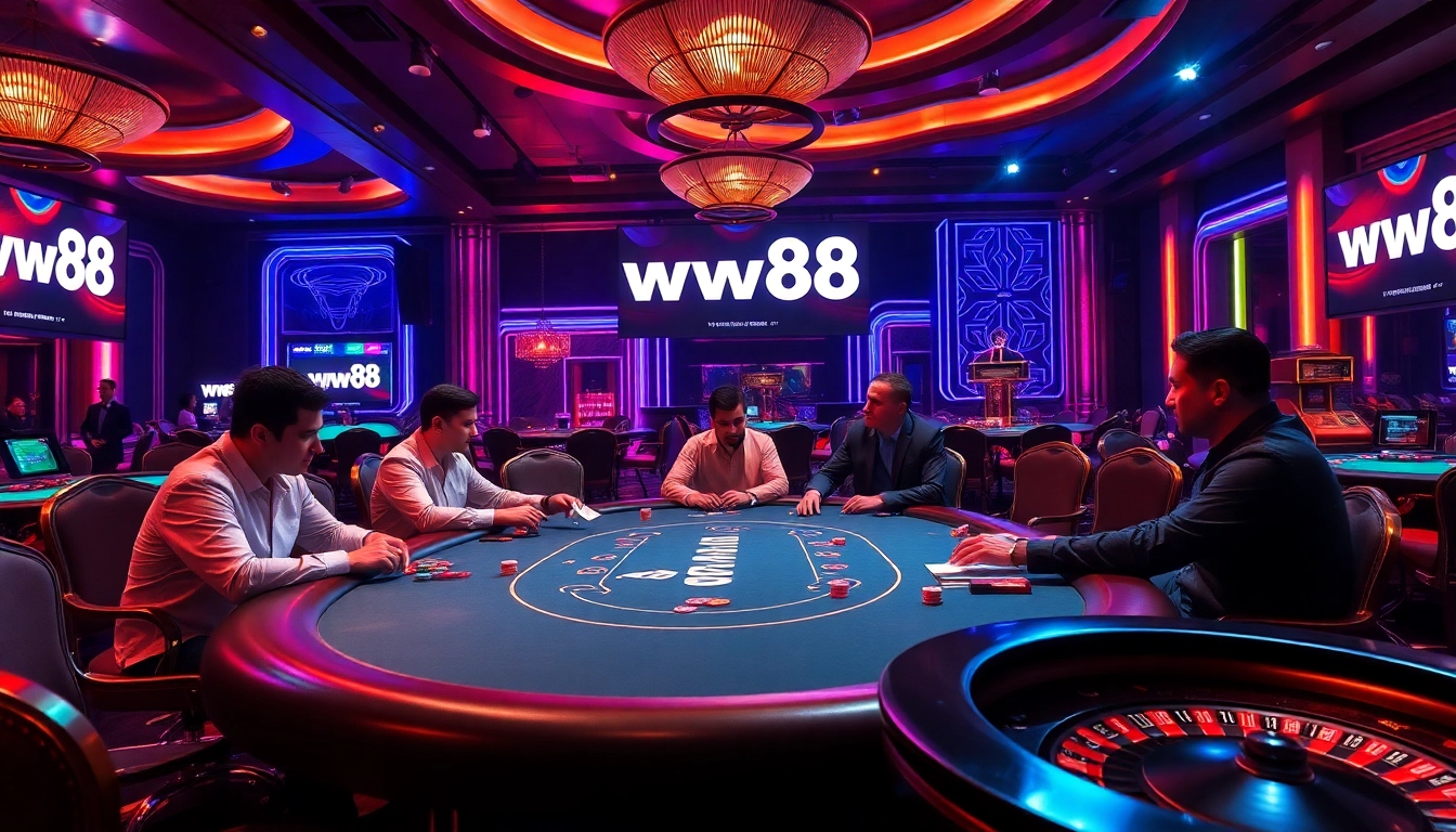 Engaged players at a WW88 poker table, highlighting vibrant casino excitement.