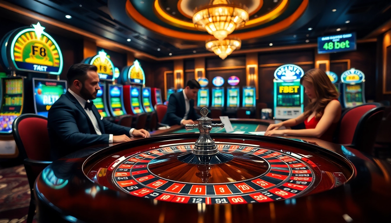 Experience the thrill of f8 bet with vibrant casino visuals of roulette and poker in action.