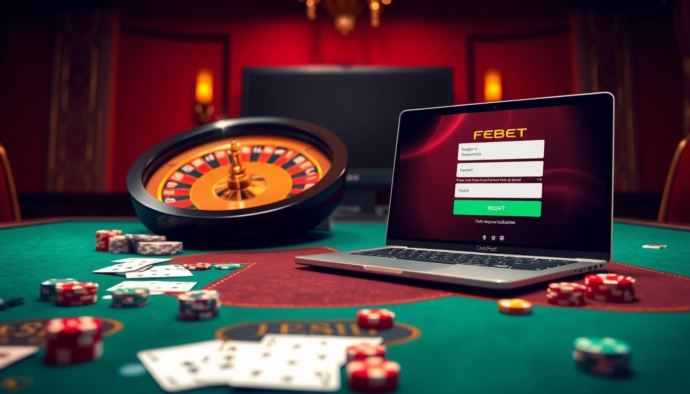 Exciting gambling scene showcasing ĐĂNG KÝ FEBET with a luxurious table, cards, and vibrant roulette wheel.