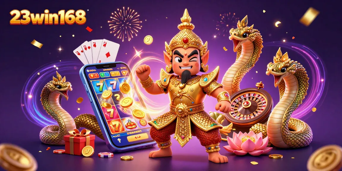 Experience the excitement of 23win168 with vibrant digital casino art showcasing slot games and gold coins.