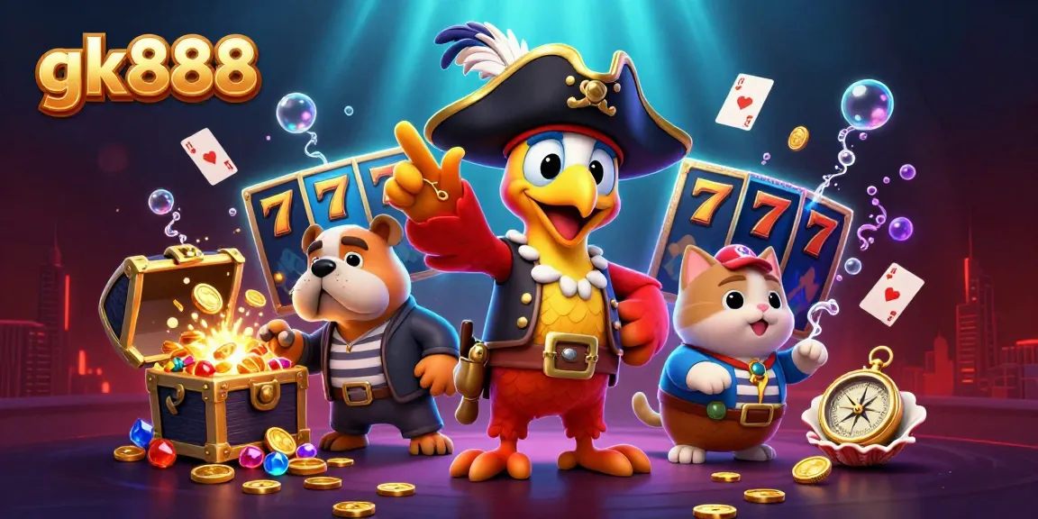 Win big with gk888 slots featuring colorful gems and pirate-themed elements in an engaging 3D illustration.