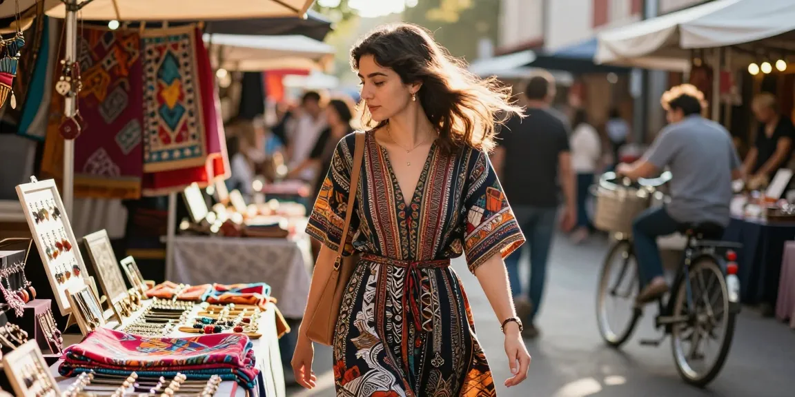 Woman in a stylish modest dress exploring a vibrant market while admiring handmade jewelry.