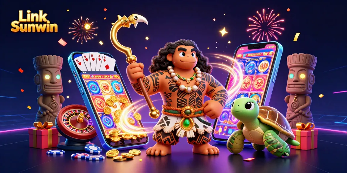 Engage in gaming excitement with Link Sunwin's vibrant 3D casino illustration.