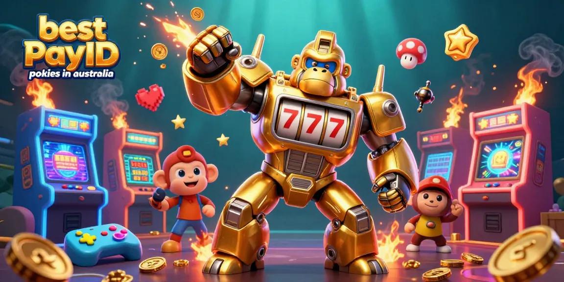 Experience the excitement of the best PayID pokies in Australia with a dynamic casino scene featuring a golden gorilla mech.