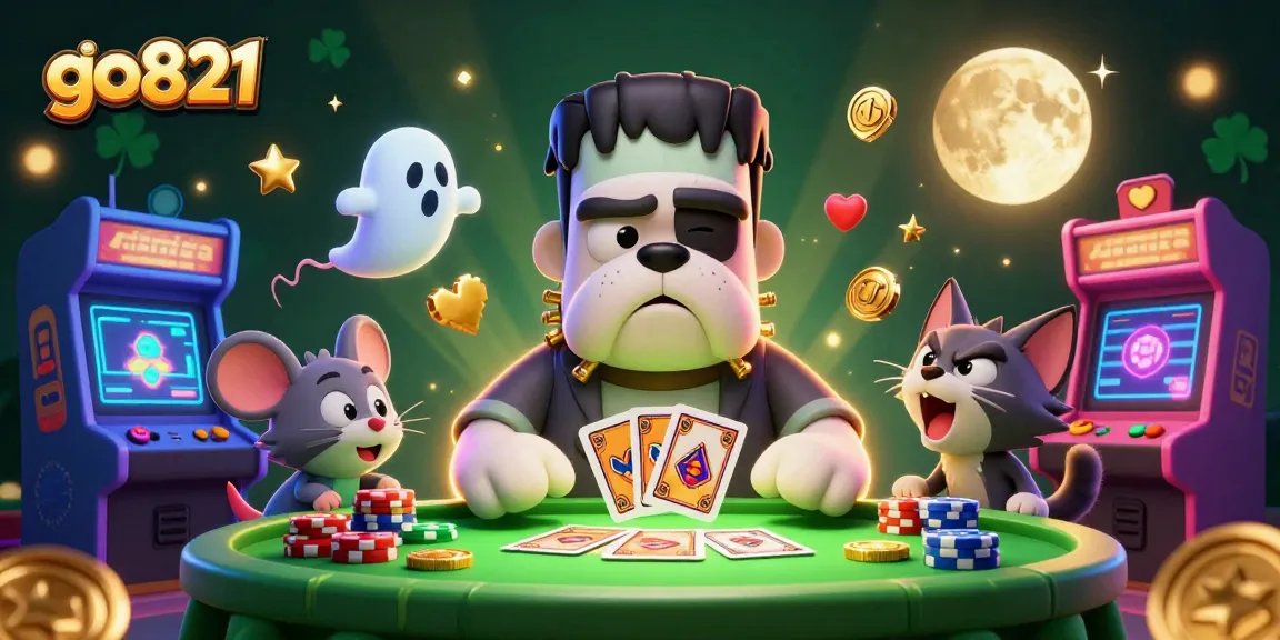 Play at go821 with a unique 3D illustration featuring whimsical characters at a casino table.