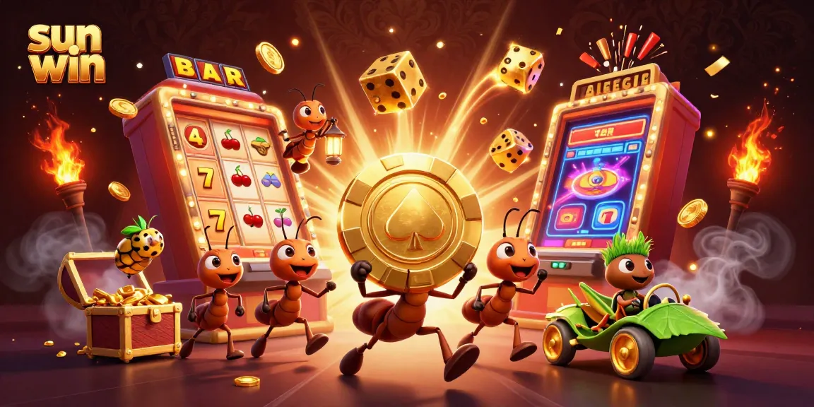 Engaging sun win scene with ants, casino games, and a dynamic heist atmosphere for players.