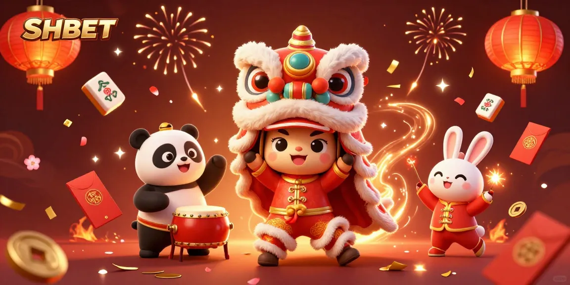 Experience SHBET's vibrant casino atmosphere with a lively lion dance scene and festive decorations.